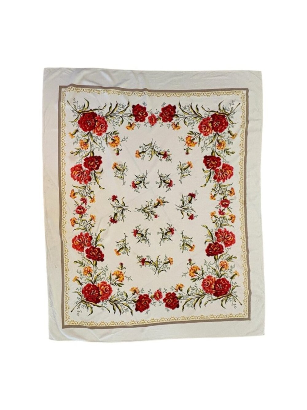 Vtg Tablecloth Carnation Design Rusty Red Shade 1950's Cottagecore Measures 54 x